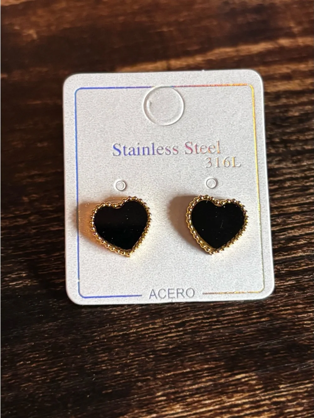Stainless Steel Gold Tone Trim Black Heart Stud Earrings